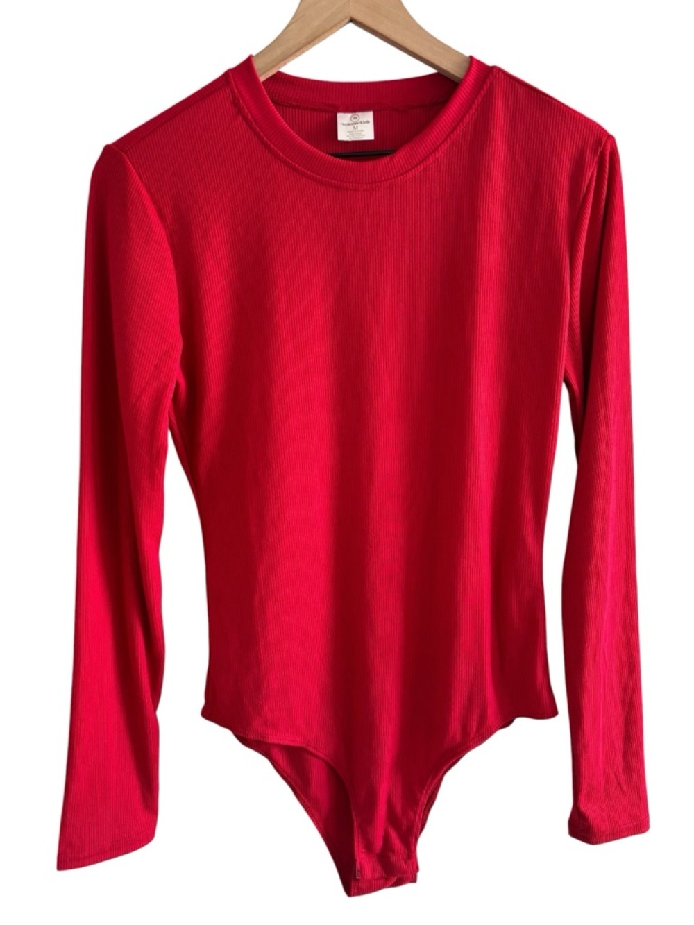 Real Essentials Red Ribbed Bodysuit Long Sleeve Minimalist Y2K Clean Girl Top M